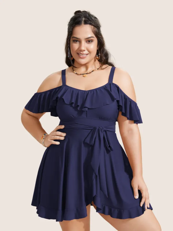 Solid Cold Shoulder Ruffles Tie Knot Swim Dress sold by Bloomchic