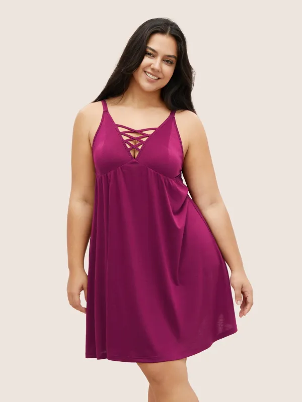 Solid Deep V Neck Crisscross Sleep Dress sold by Bloomchic