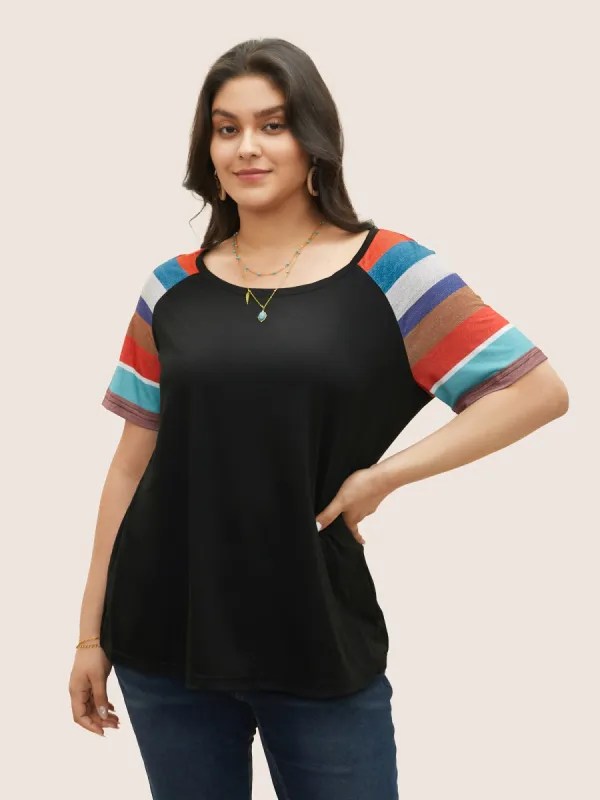 Striped Contrast Raglan Sleeve Round Neck T-shirt sold by Bloomchic