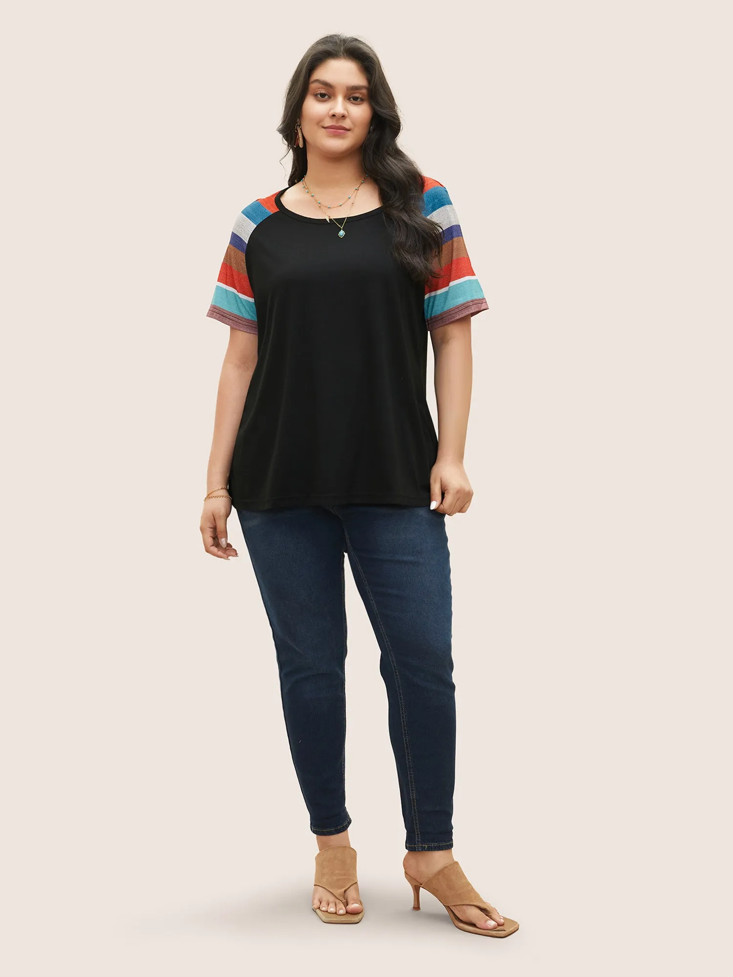 Striped Contrast Raglan Sleeve Round Neck T-shirt sold by Bloomchic product image thumbnail 3