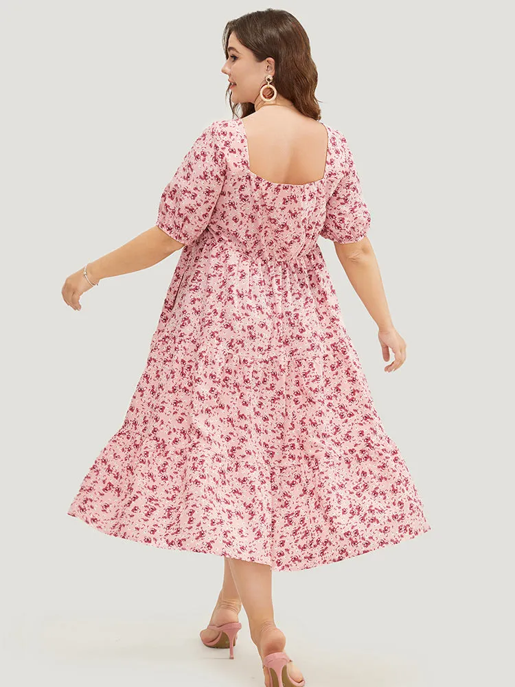 Ditsy Floral Ruffle Tiered Pocket Ruched Puff Sleeve Drawstring Dress sold by Bloomchic product image thumbnail 2