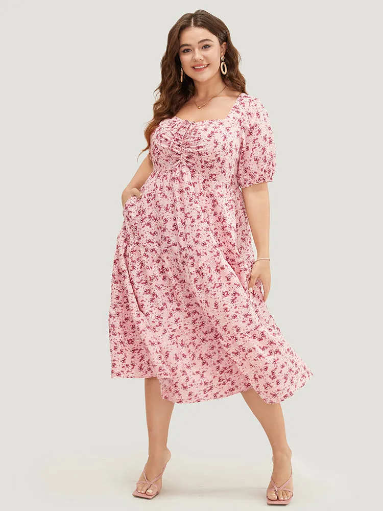 Ditsy Floral Ruffle Tiered Pocket Ruched Puff Sleeve Drawstring Dress sold by Bloomchic