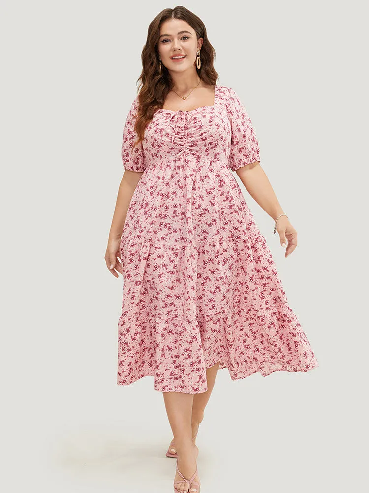 Ditsy Floral Ruffle Tiered Pocket Ruched Puff Sleeve Drawstring Dress sold by Bloomchic product image thumbnail 4