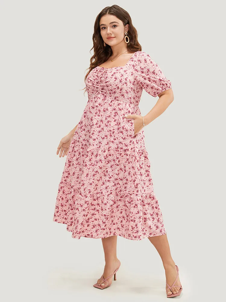 Ditsy Floral Ruffle Tiered Pocket Ruched Puff Sleeve Drawstring Dress sold by Bloomchic product image thumbnail 3