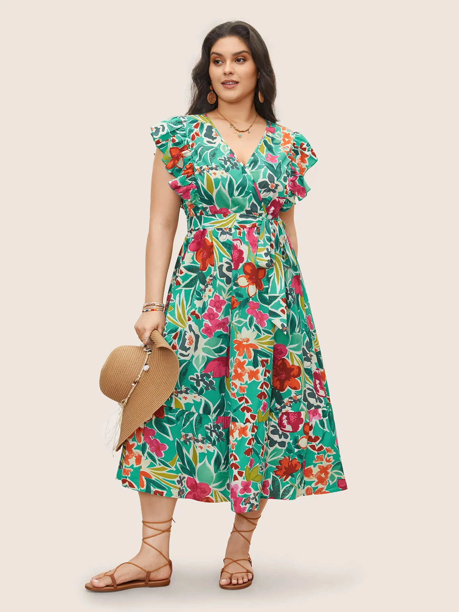 Floral Wrap Patchwork Ruffle Cap Sleeve Dress sold by Bloomchic