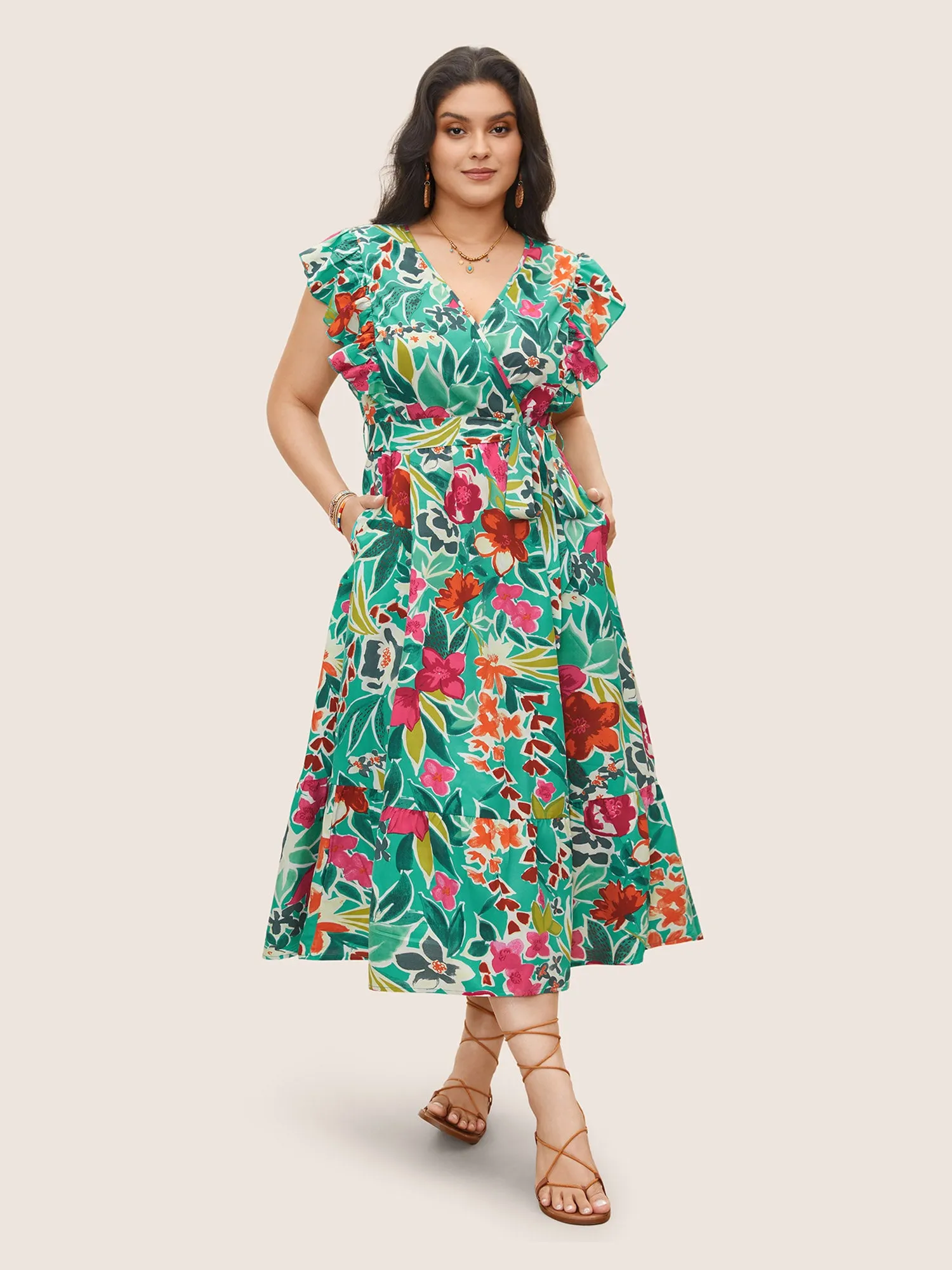 Floral Wrap Patchwork Ruffle Cap Sleeve Dress sold by Bloomchic product image thumbnail 2