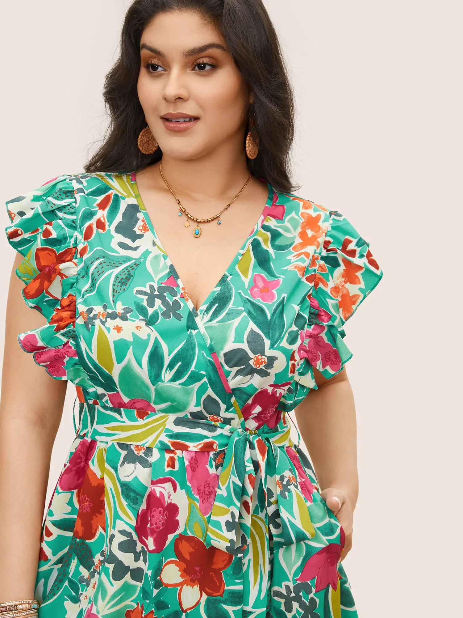 Floral Wrap Patchwork Ruffle Cap Sleeve Dress sold by Bloomchic product image thumbnail 4