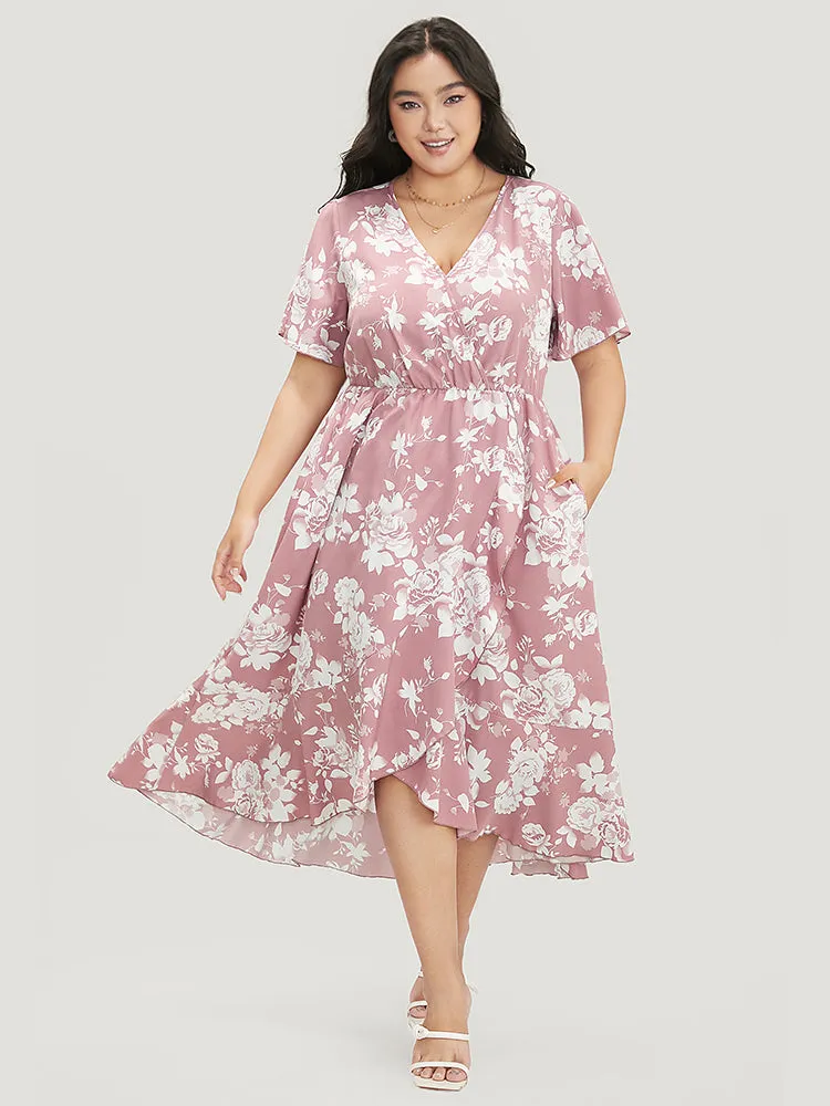 Floral Print Surplice Neck Pocket Ruffle Trim Asymmetrical Dress sold by Bloomchic product image thumbnail 2