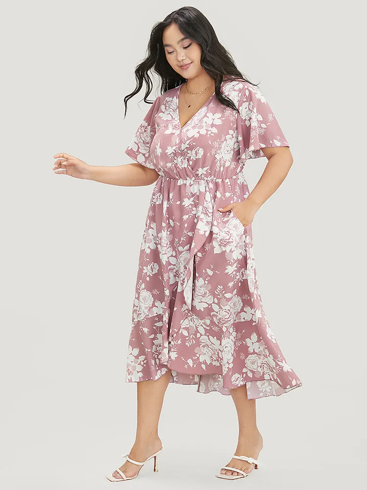 Floral Print Surplice Neck Pocket Ruffle Trim Asymmetrical Dress sold by Bloomchic product image thumbnail 3