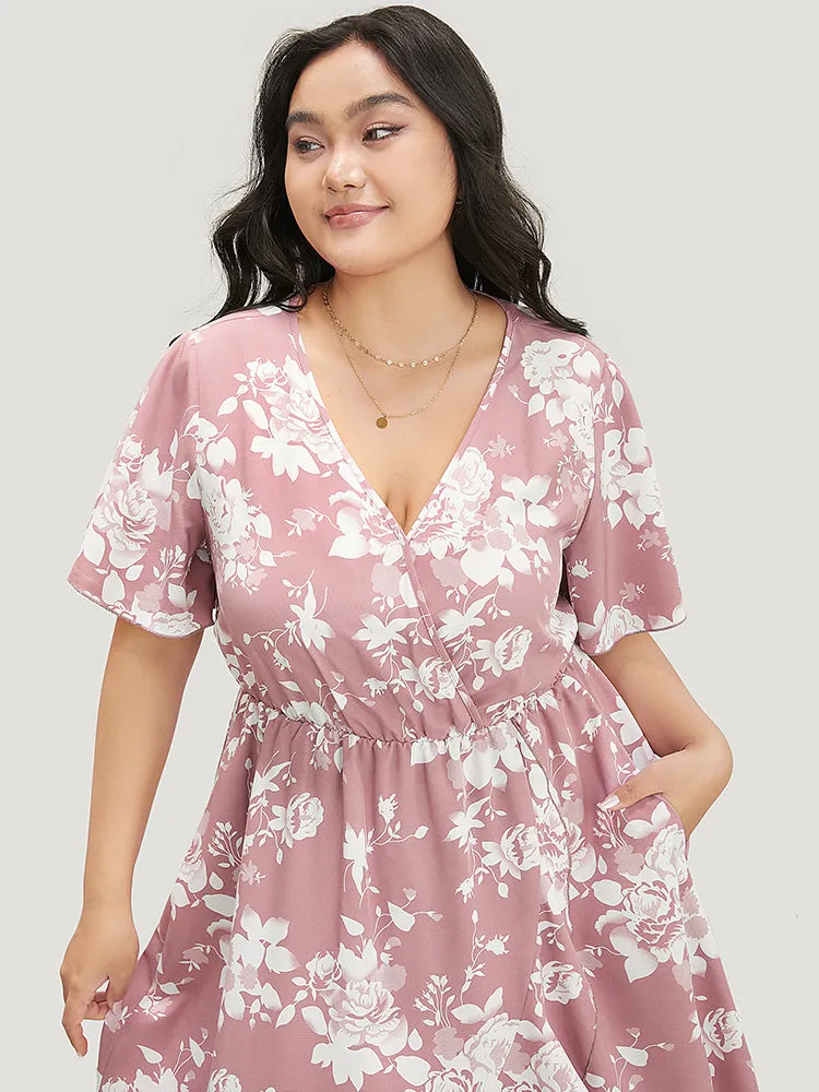 Floral Print Surplice Neck Pocket Ruffle Trim Asymmetrical Dress sold by Bloomchic product image thumbnail 5