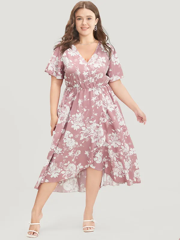 Floral Print Surplice Neck Pocket Ruffle Trim Asymmetrical Dress sold by Bloomchic
