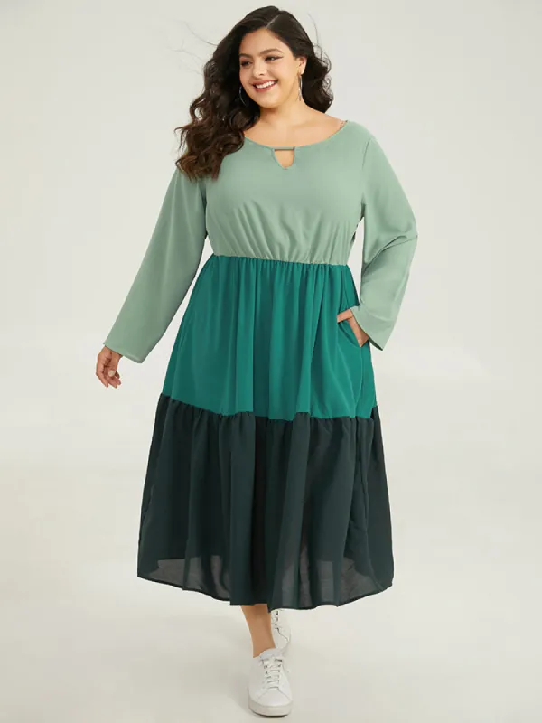 Colorblock Contrast Keyhole Layered Hem Dress sold by Bloomchic