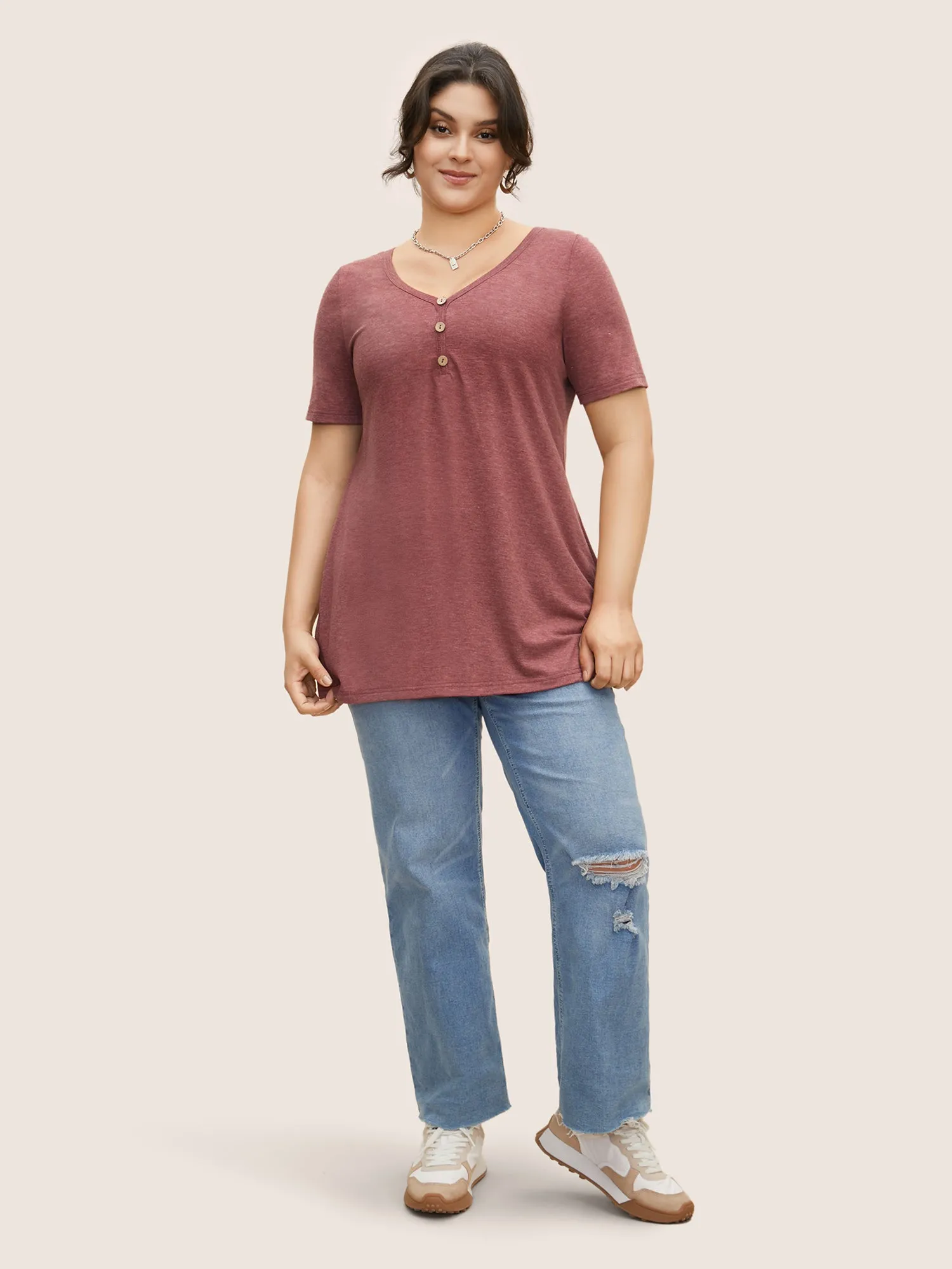 Solid Heather Crew Neck Button Detail T-shirt sold by Bloomchic product image thumbnail 3