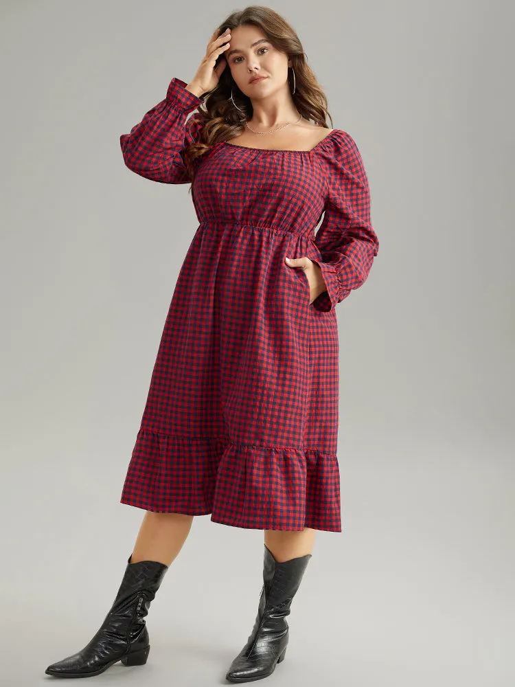 Gingham Square Neck Shirred Gathered Ruffles Dress sold by Bloomchic