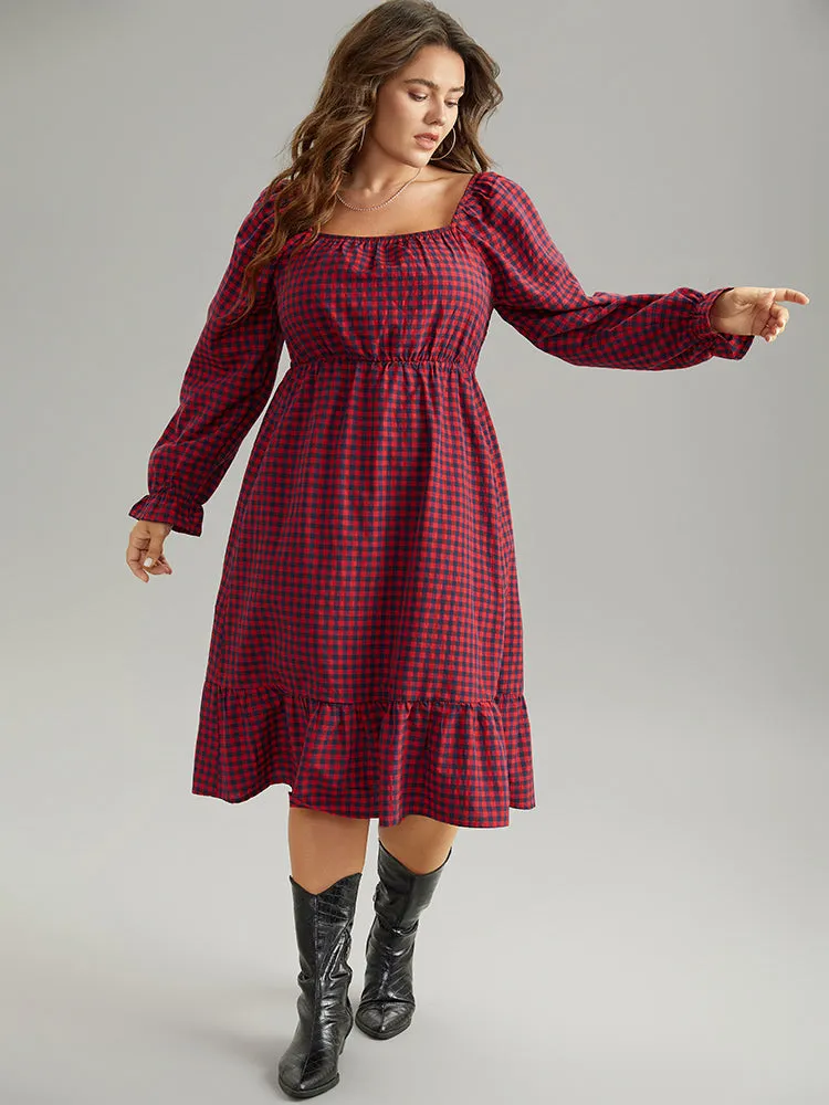 Gingham Square Neck Shirred Gathered Ruffles Dress sold by Bloomchic product image thumbnail 5
