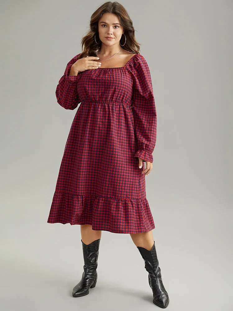 Gingham Square Neck Shirred Gathered Ruffles Dress sold by Bloomchic product image thumbnail 4
