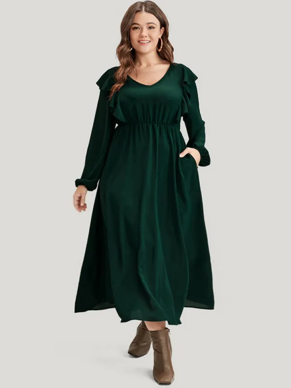 Solid Lantern Sleeve Pocket Ruffle Trim Split Midi Dress sold by Bloomchic