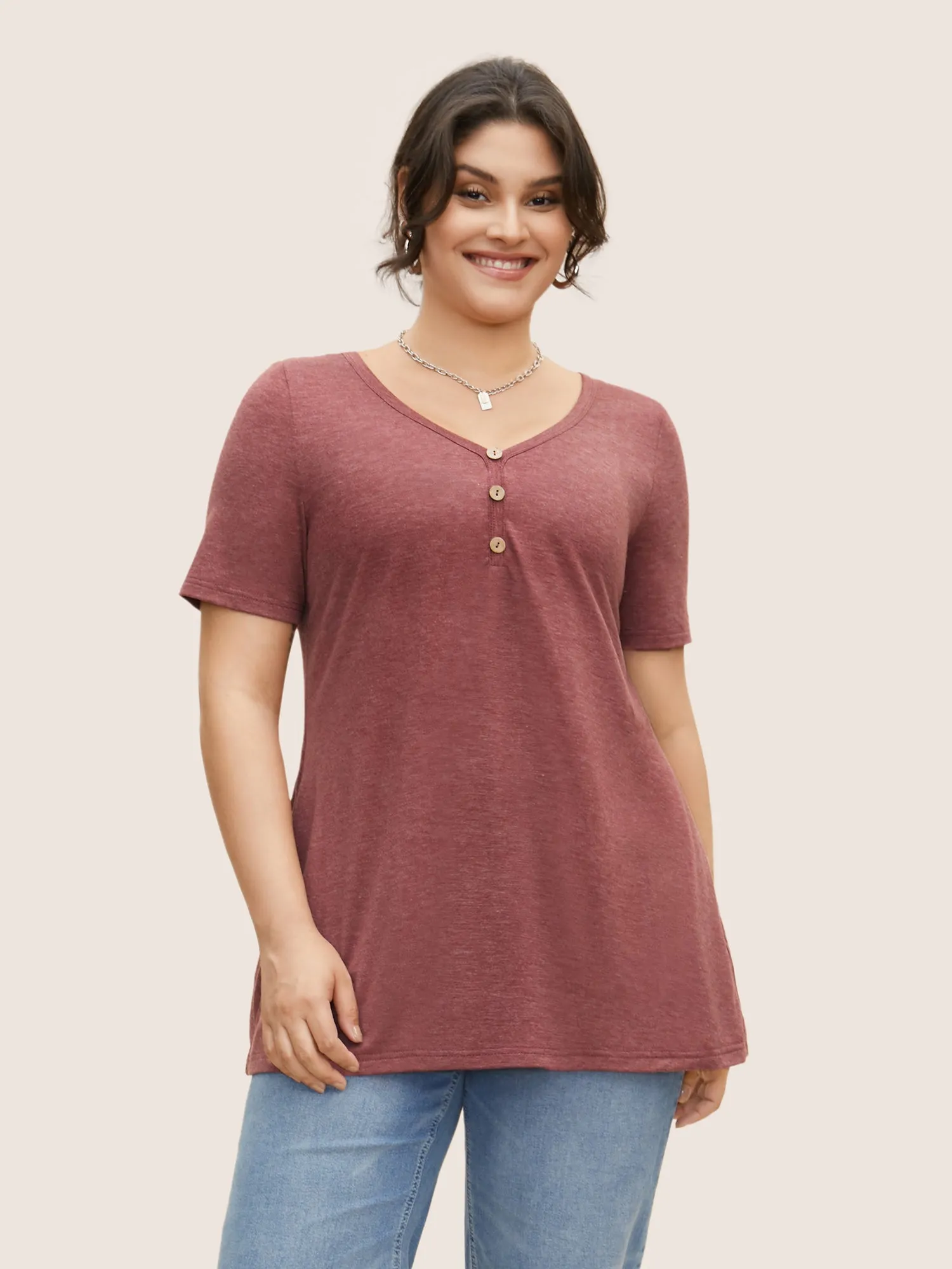 Solid Heather Crew Neck Button Detail T-shirt sold by Bloomchic