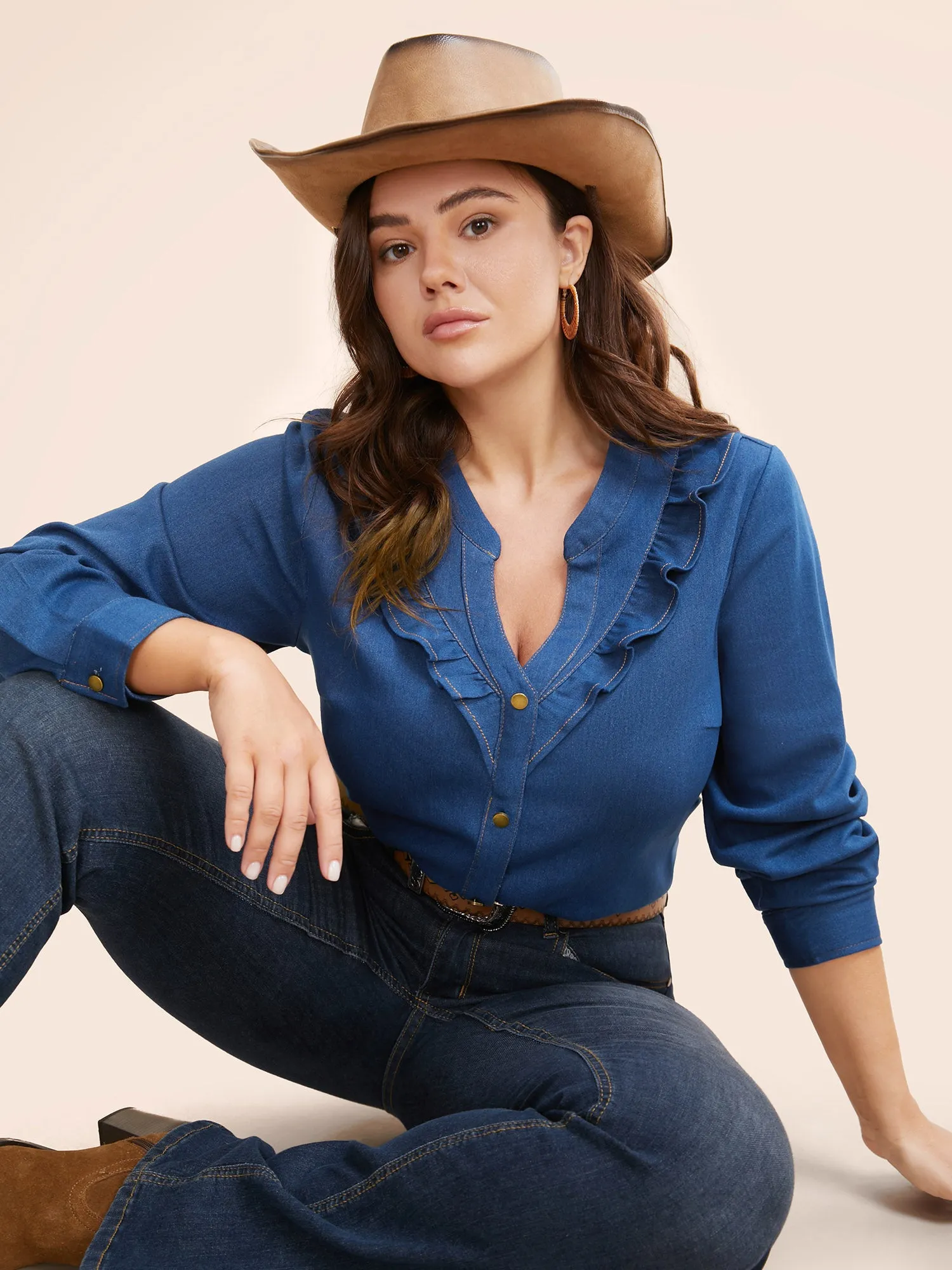 Stretch Denim Lotus Leaf Neckline Shirt sold by Bloomchic