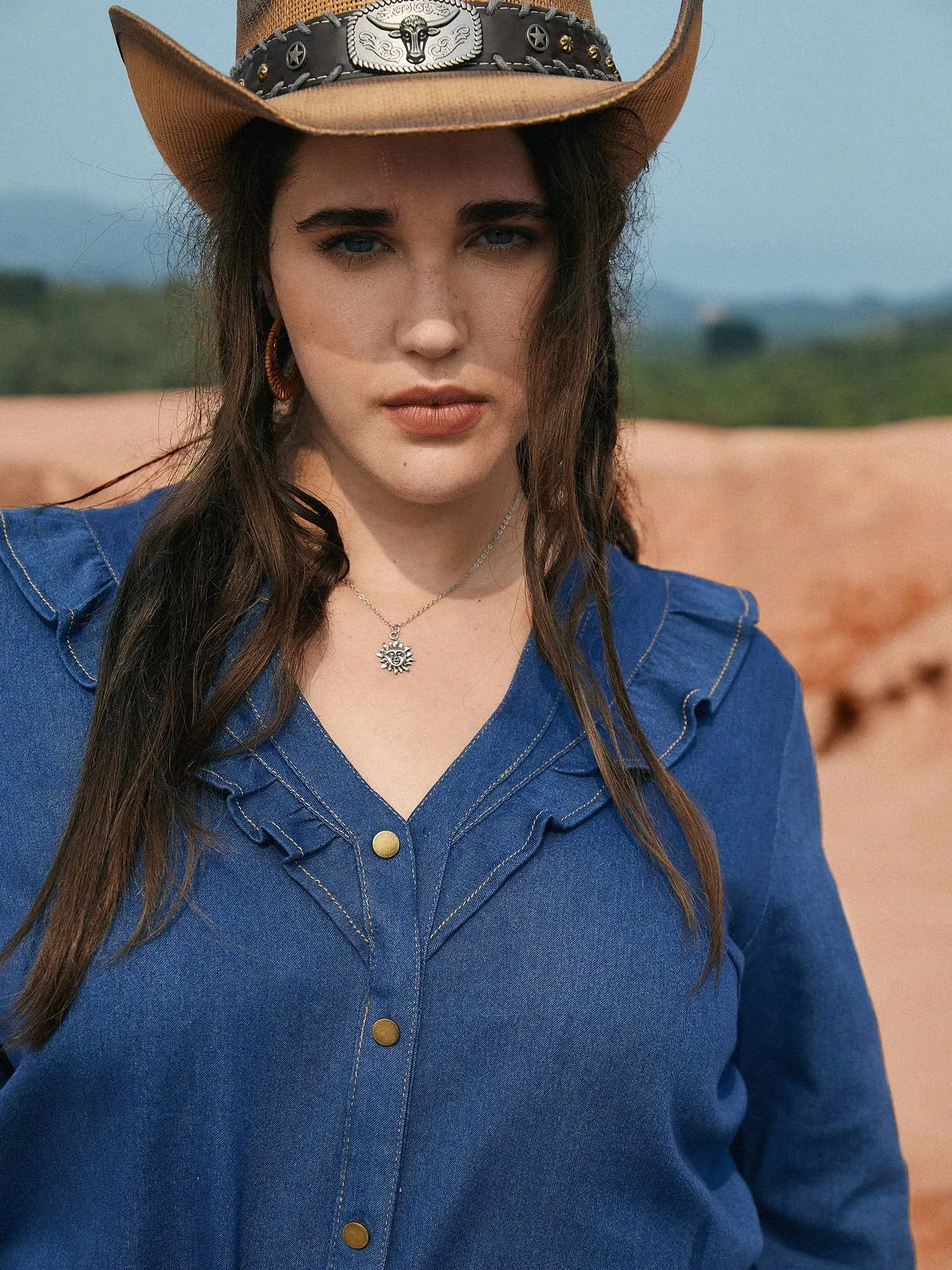 Stretch Denim Lotus Leaf Neckline Shirt sold by Bloomchic product image thumbnail 2