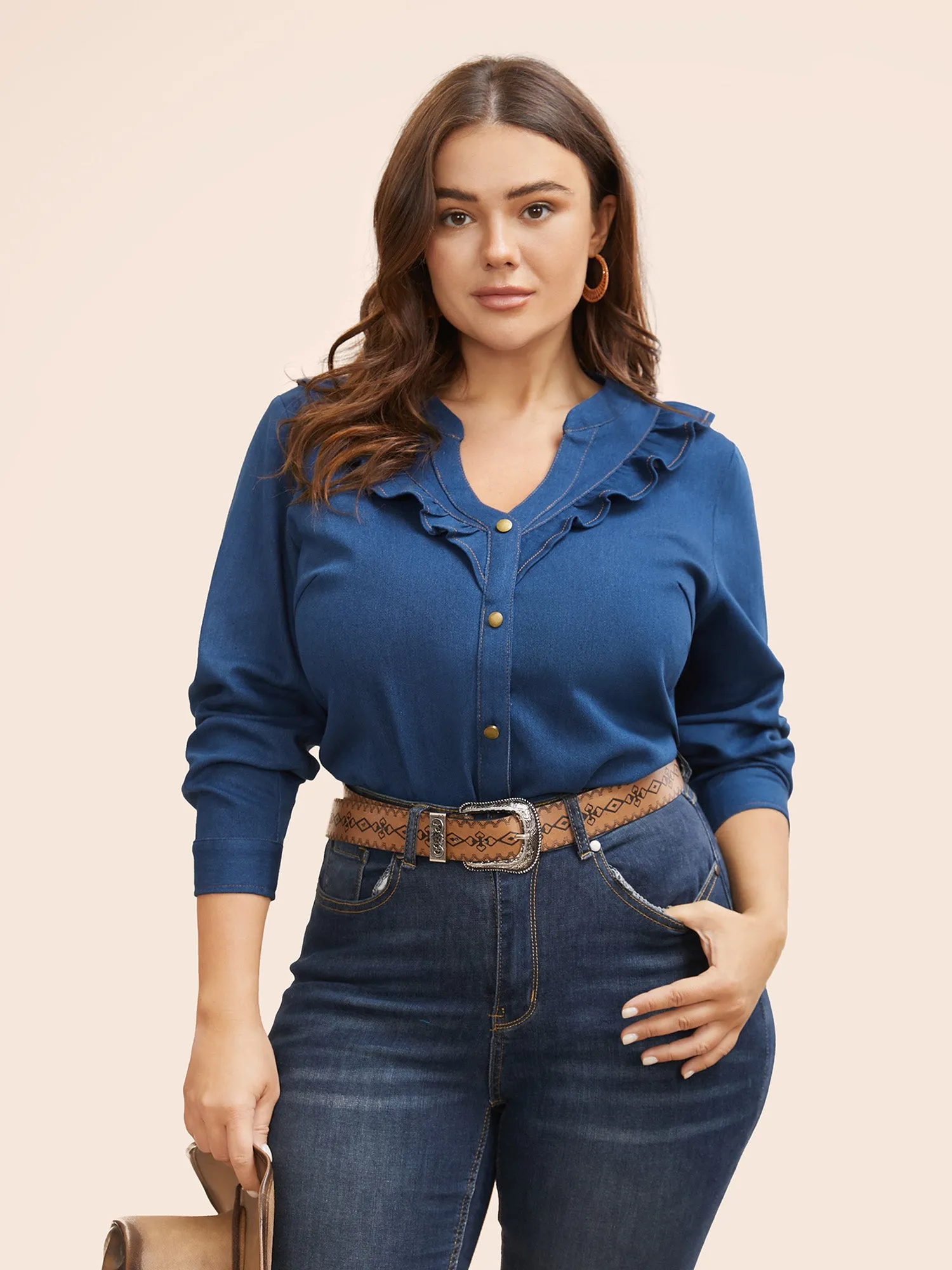 Stretch Denim Lotus Leaf Neckline Shirt sold by Bloomchic product image thumbnail 5