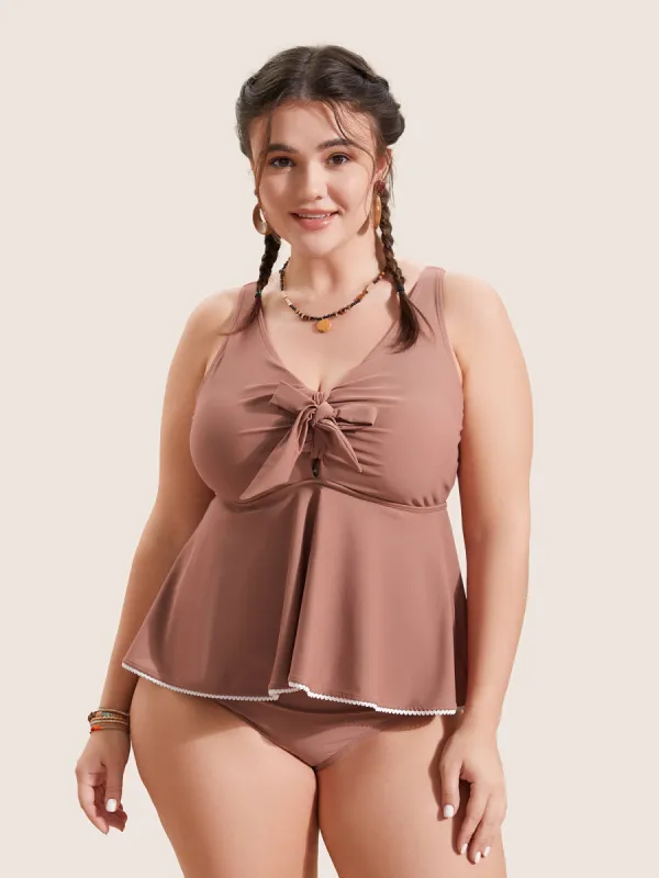 Lace Trim Bowknot Front Ruched One Piece Swimsuit sold by Bloomchic