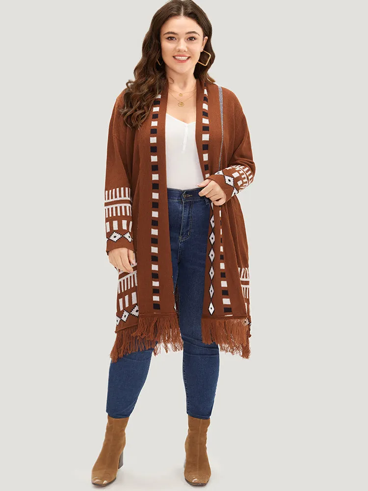 Geometric Tassel Trim Open Front Cardigan sold by Bloomchic