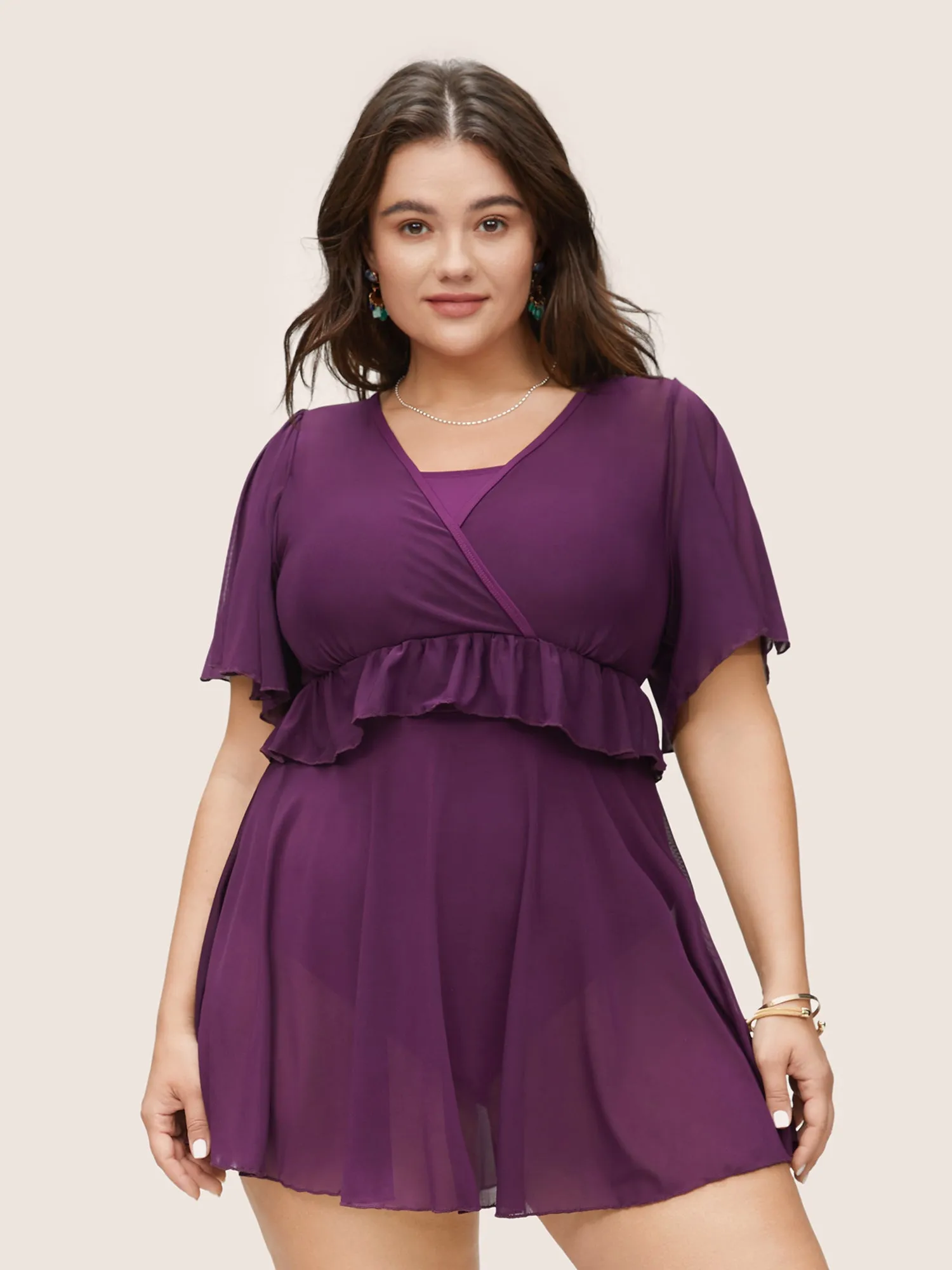Layered Ruffle Trim Mesh Swim Dress sold by Bloomchic