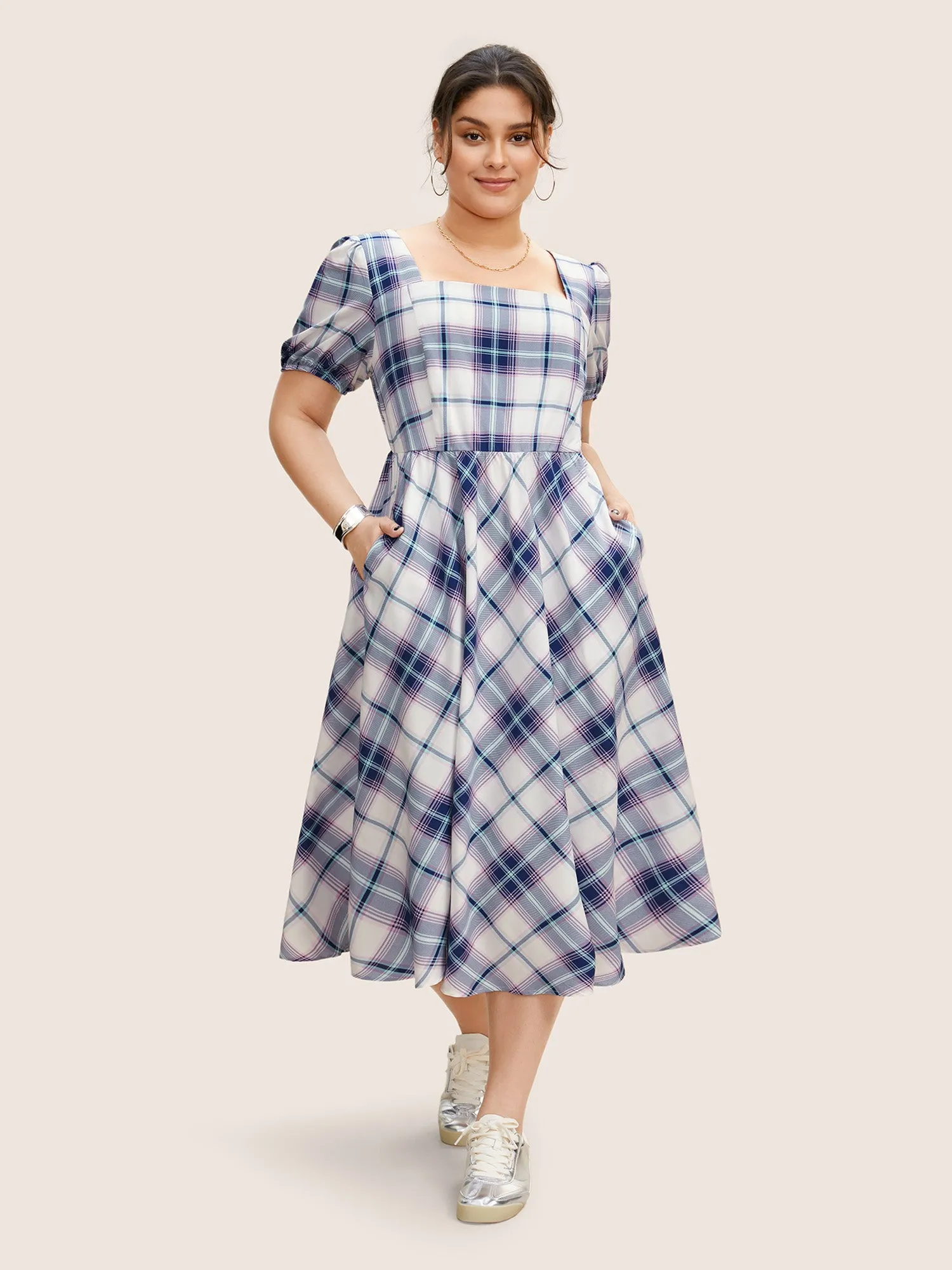 Square Neck Plaid Gathered Puff Sleeve Dress sold by Bloomchic