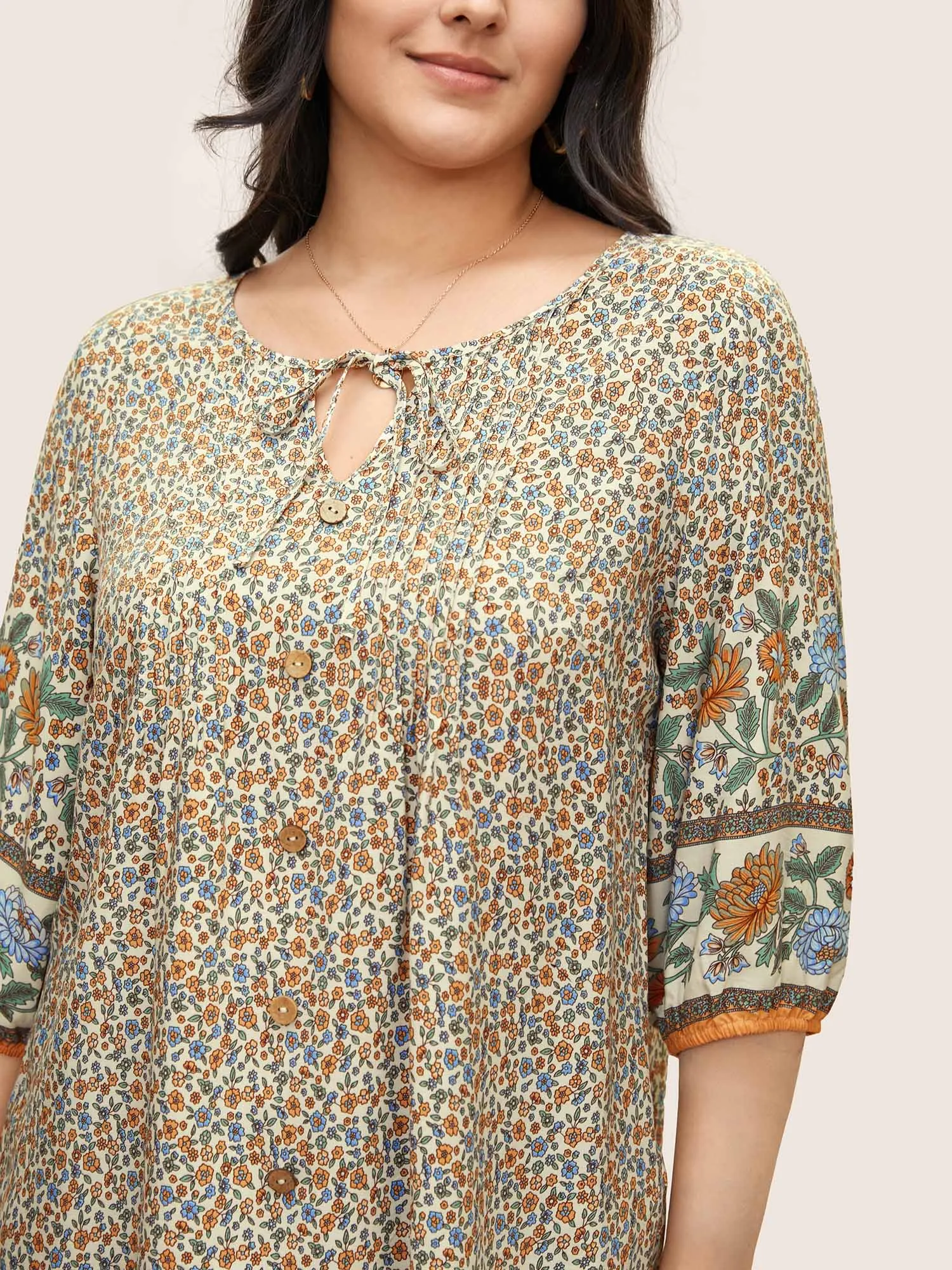 Boho Print Pleated Button Detail Tie Neck Blouse sold by Bloomchic product image thumbnail 4