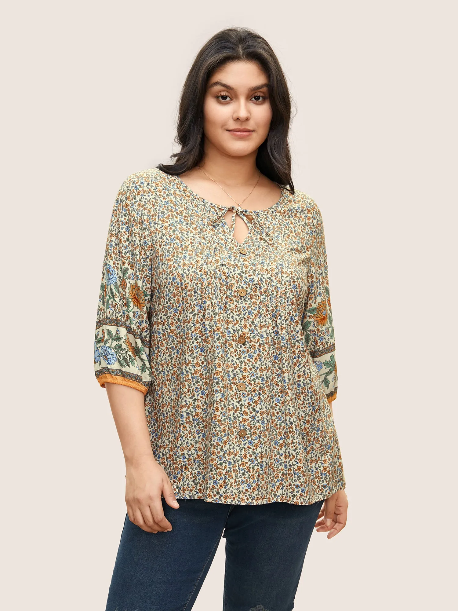 Boho Print Pleated Button Detail Tie Neck Blouse sold by Bloomchic product image thumbnail 3