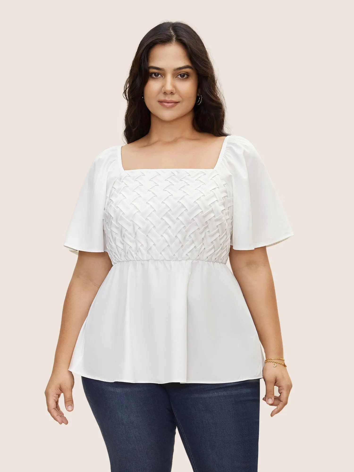 Square Neck Woven Raglan Sleeve Blouse sold by Bloomchic