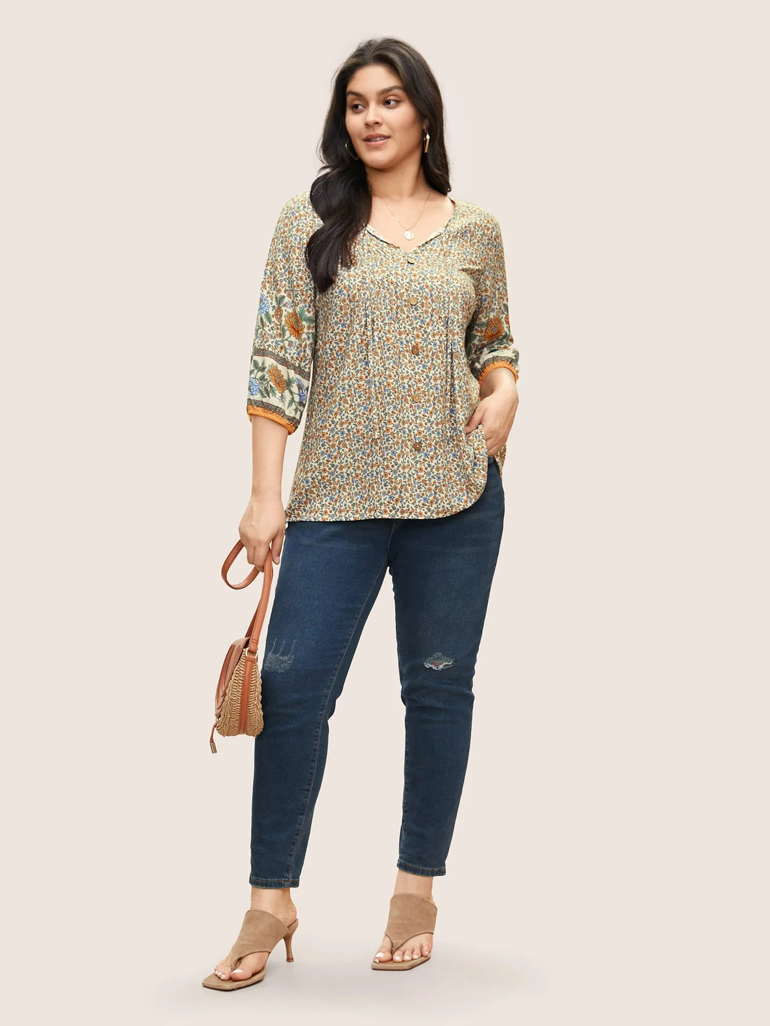 Boho Print Pleated Button Detail Tie Neck Blouse sold by Bloomchic product image thumbnail 2