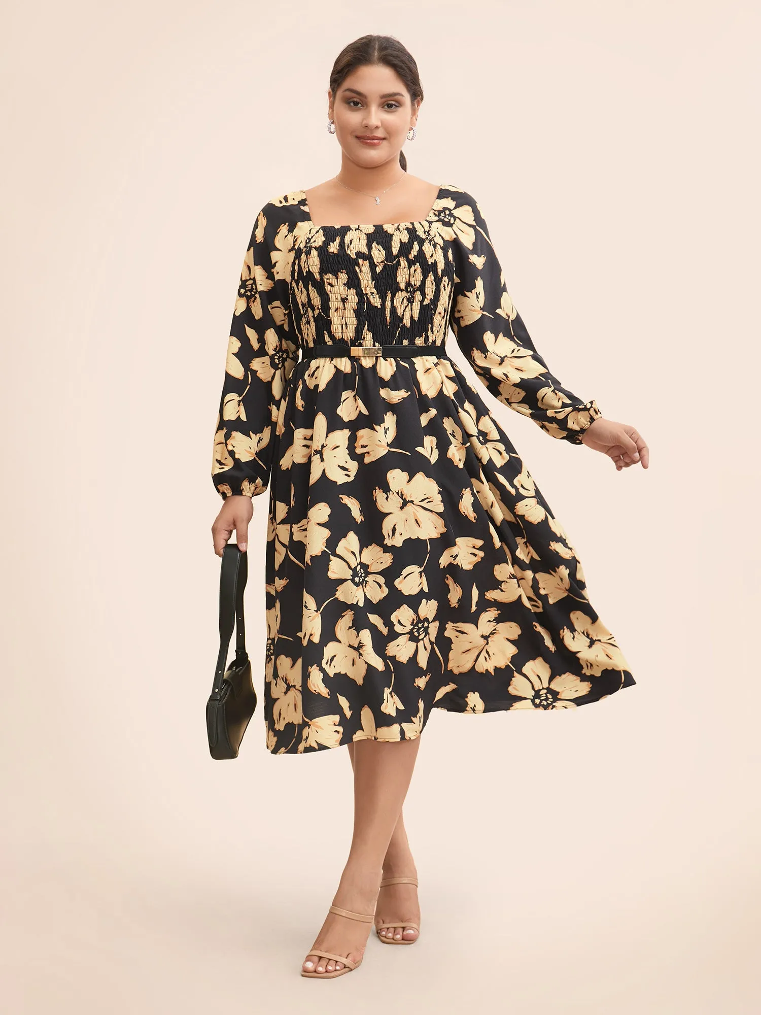 Floral Square Neck Shirred Lantern Sleeve Dress sold by Bloomchic product image thumbnail 2