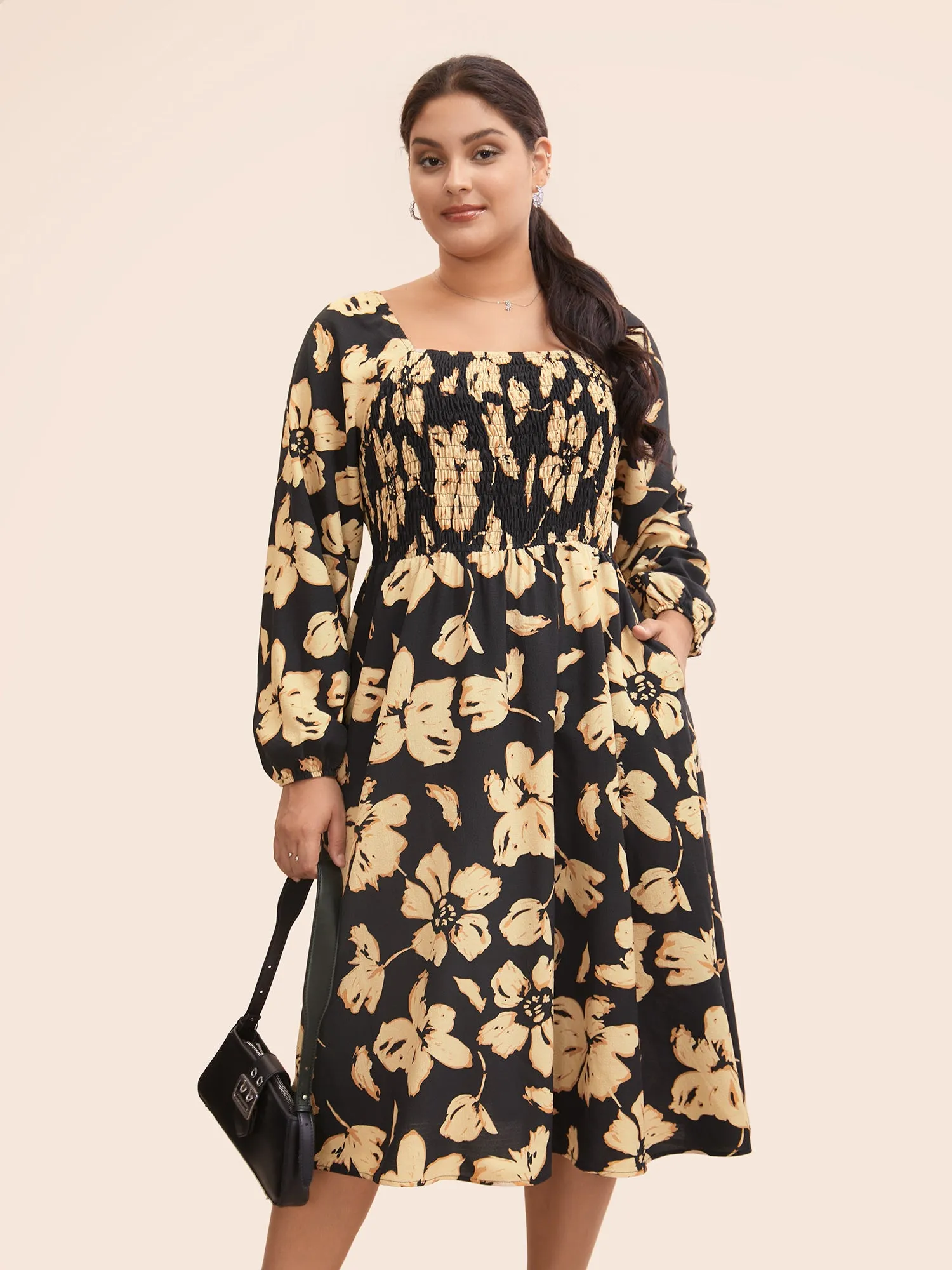 Floral Square Neck Shirred Lantern Sleeve Dress sold by Bloomchic