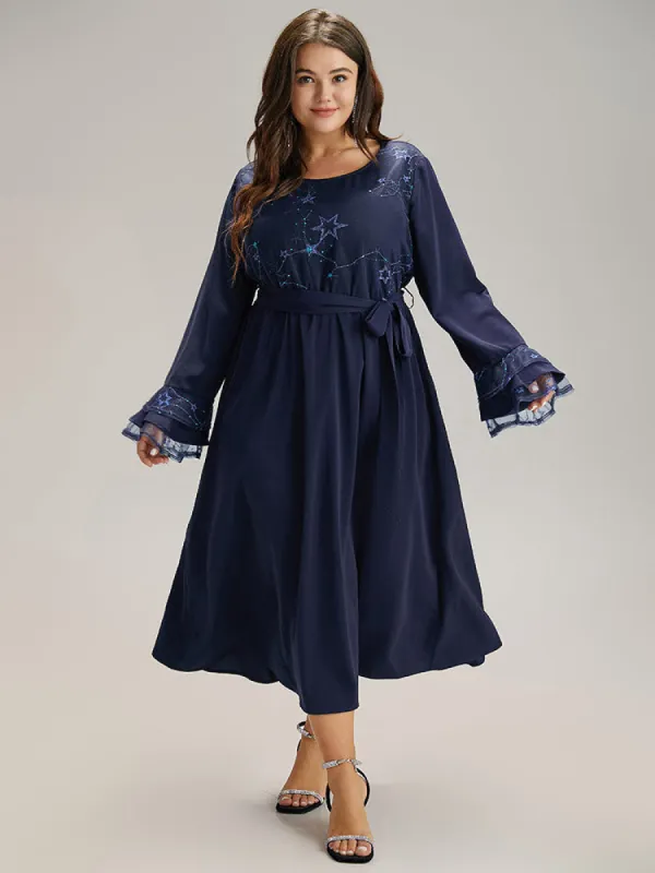 Star Sequin Mesh Layered Sleeve Dress sold by Bloomchic