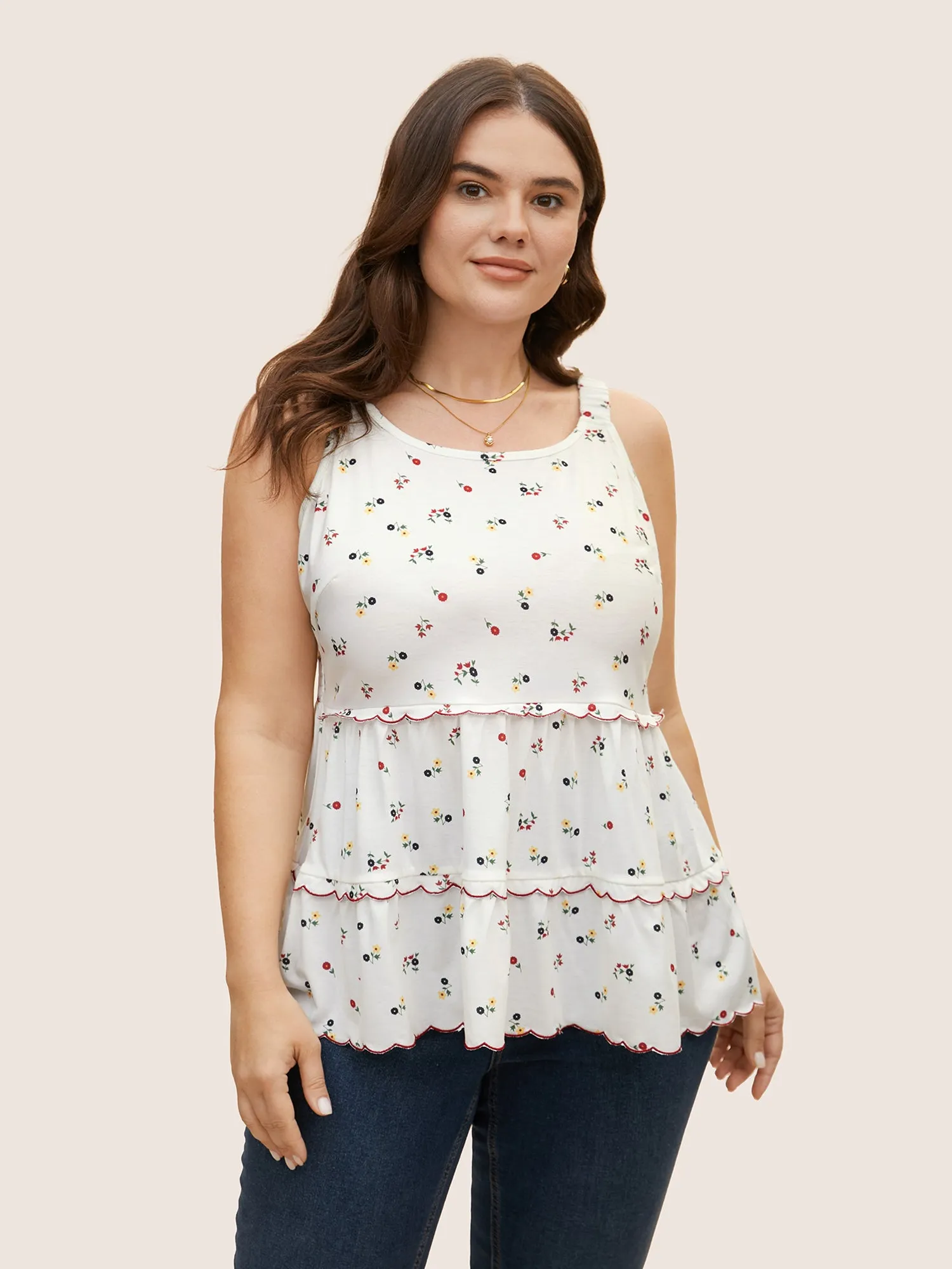 Ditsy Floral Tiered Hem Scalloped Trim Cami Top sold by Bloomchic