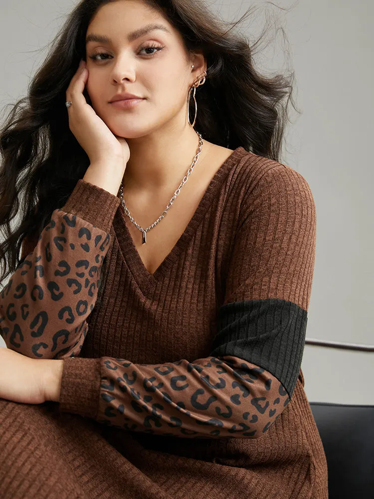 Rib Knit Leopard Print Patchwork Dress sold by Bloomchic product image thumbnail 5