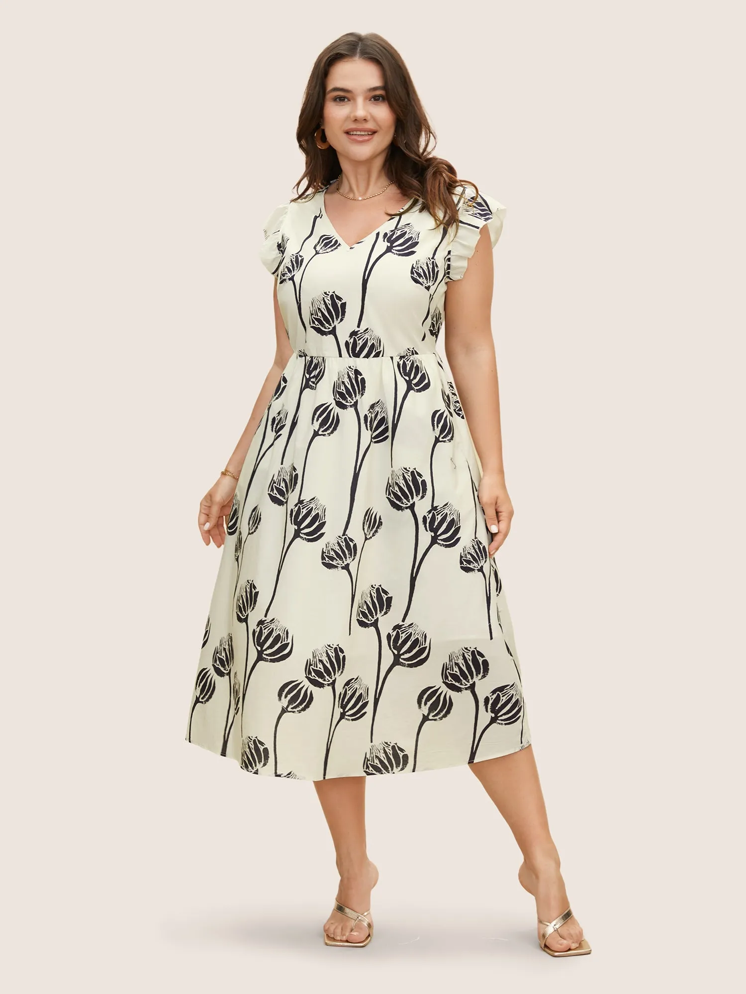 V Neck Floral Print Ruffle Cap Sleeve Dress sold by Bloomchic product image thumbnail 3