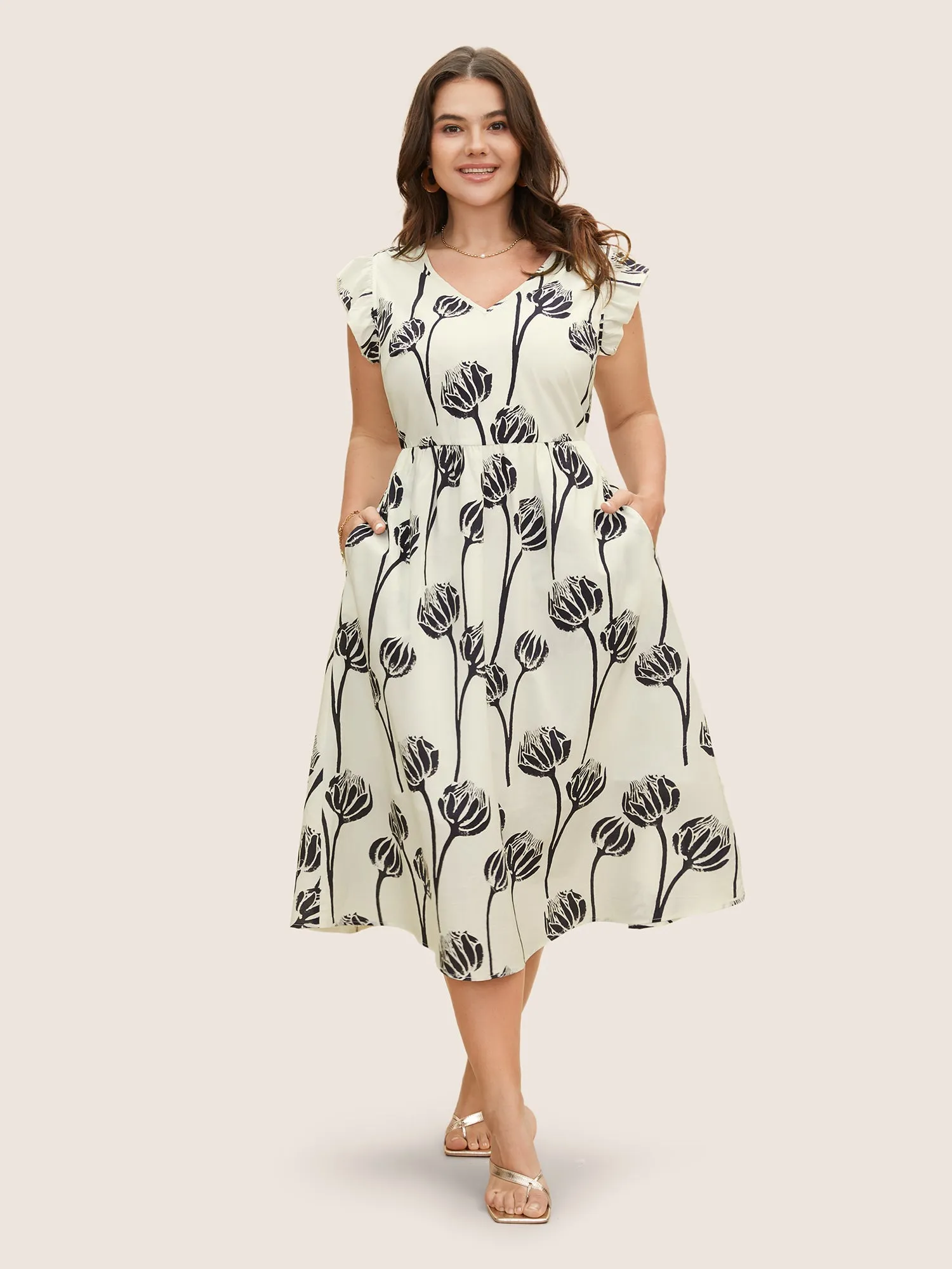 V Neck Floral Print Ruffle Cap Sleeve Dress sold by Bloomchic