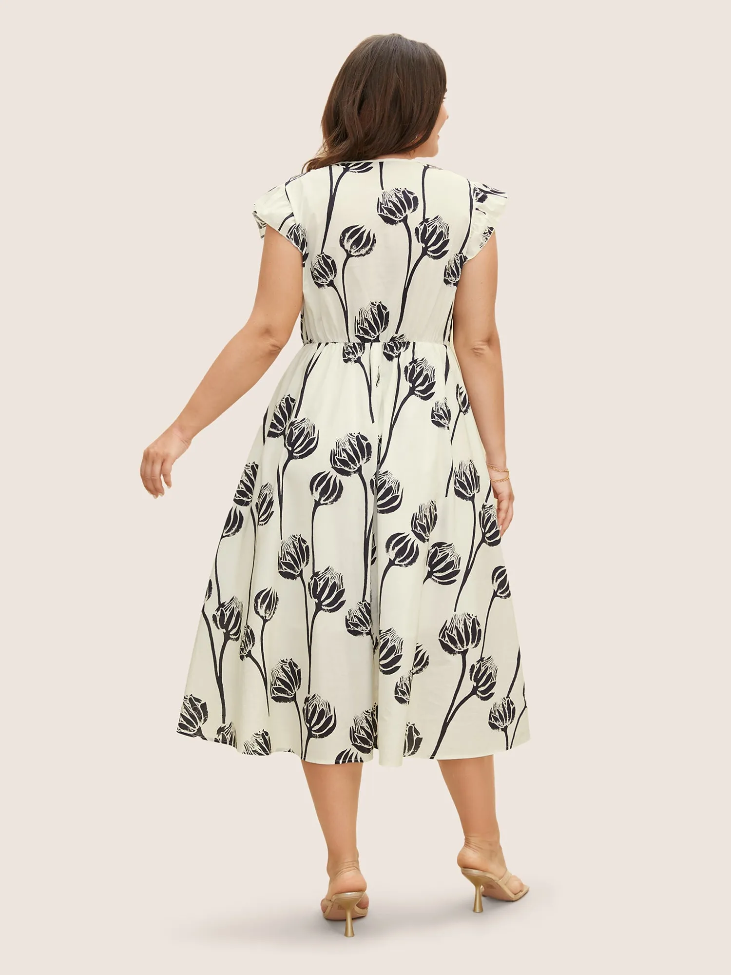 V Neck Floral Print Ruffle Cap Sleeve Dress sold by Bloomchic product image thumbnail 4