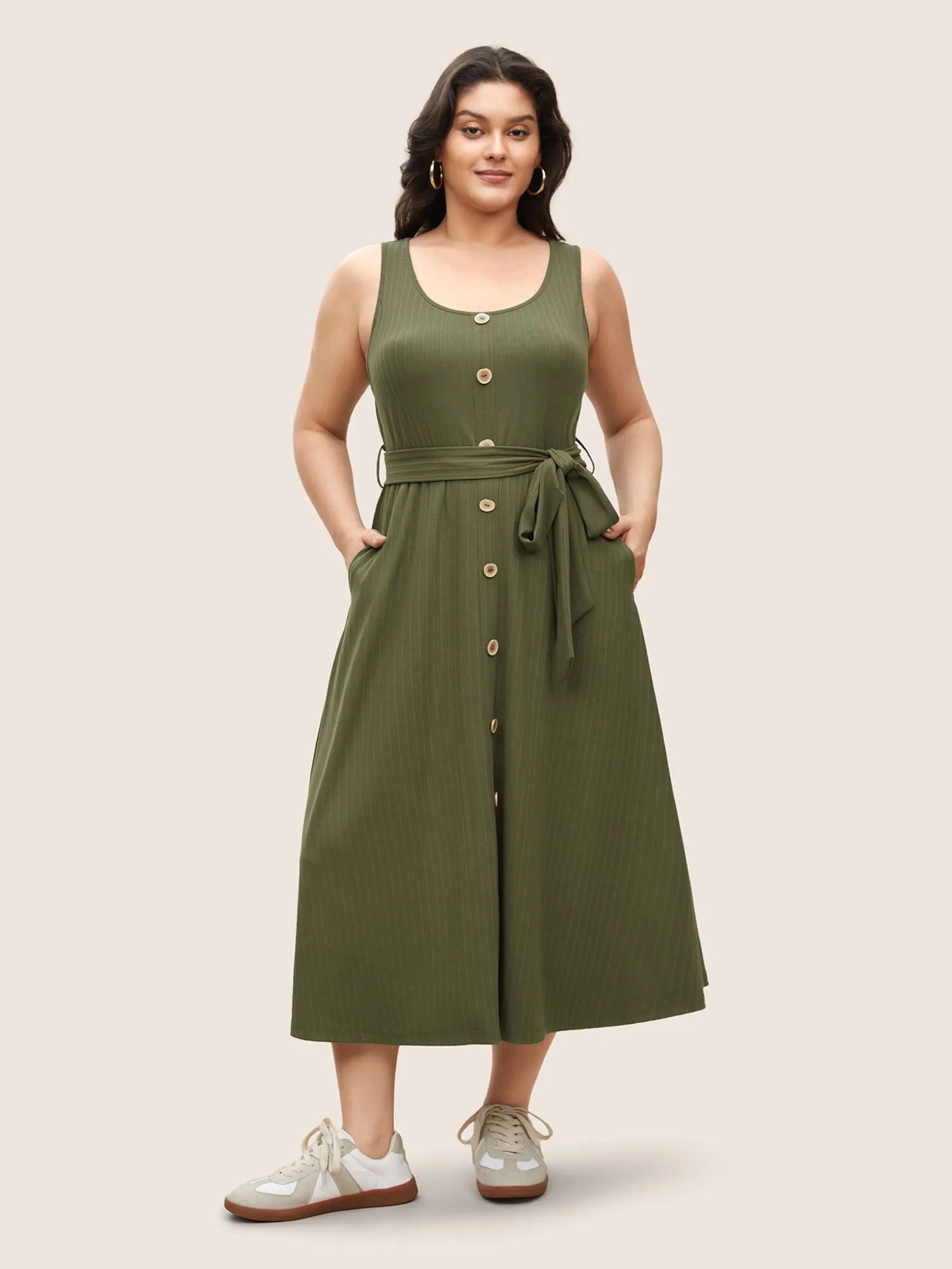 Solid Button Detail Sleeveless Knit Dress sold by Bloomchic