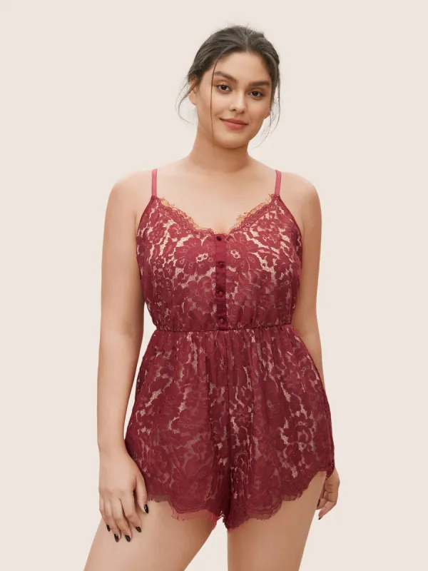 Eyelet Lace Scalloped Trim Cami Sleep Jumpsuit sold by Bloomchic