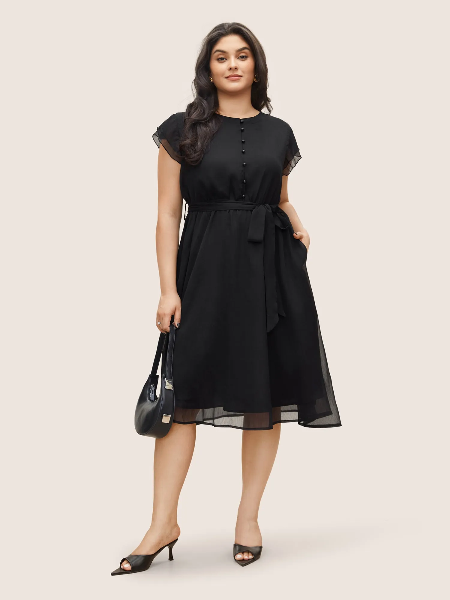 Solid Mesh Belted Ruffle Cap Sleeve Dress sold by Bloomchic