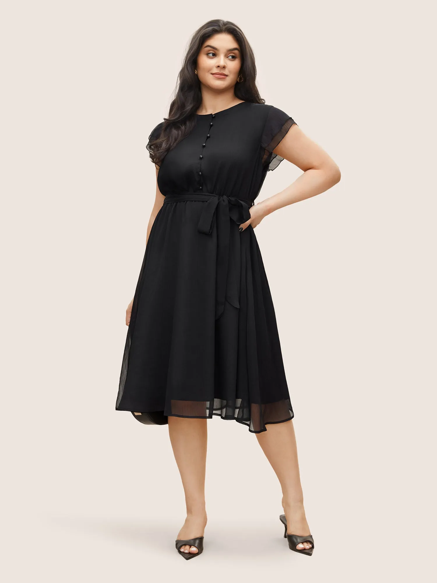 Solid Mesh Belted Ruffle Cap Sleeve Dress sold by Bloomchic product image thumbnail 2