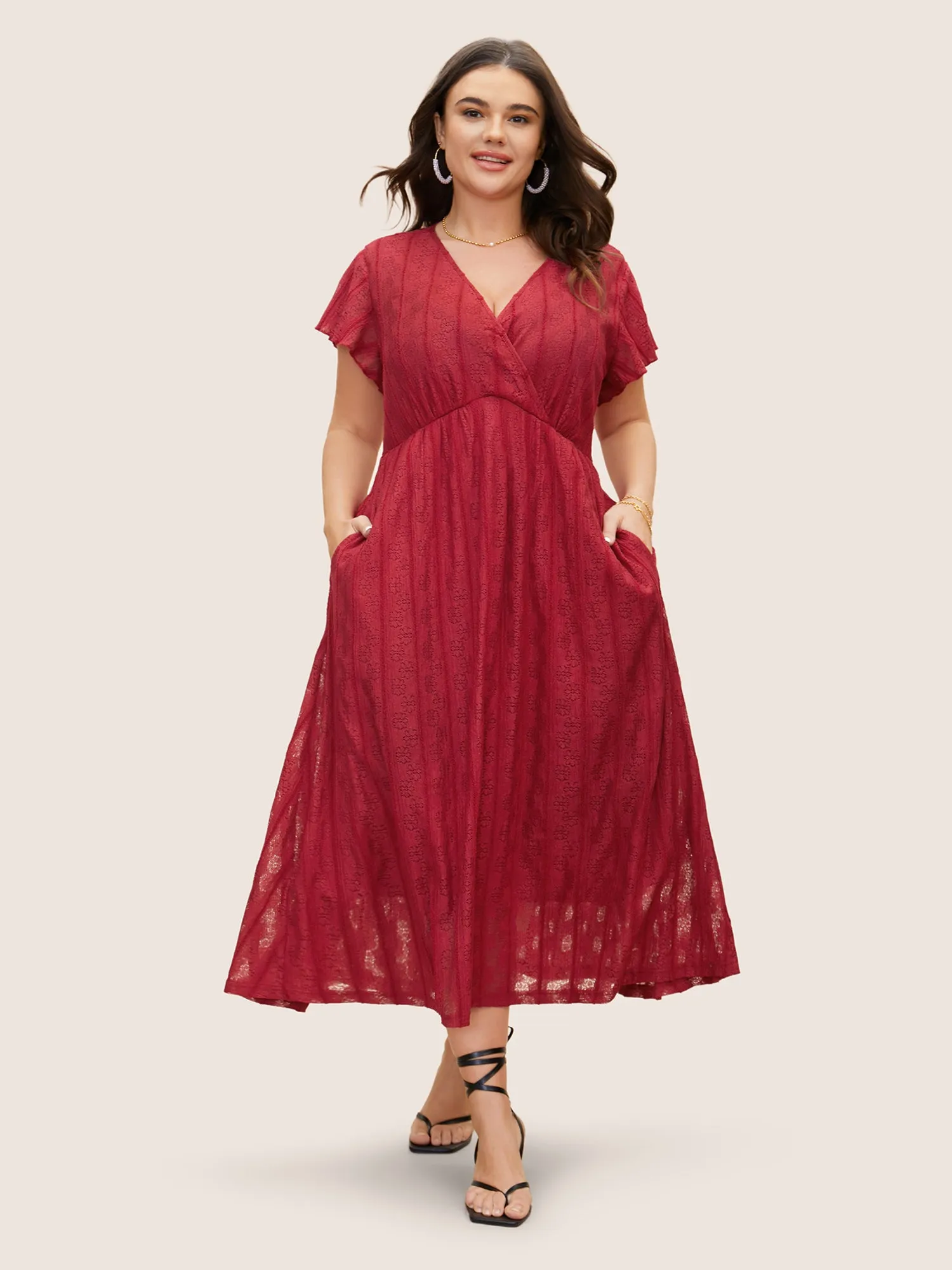 Lace Panel Wrap Ruffle Cap Sleeve Dress sold by Bloomchic product image thumbnail 3