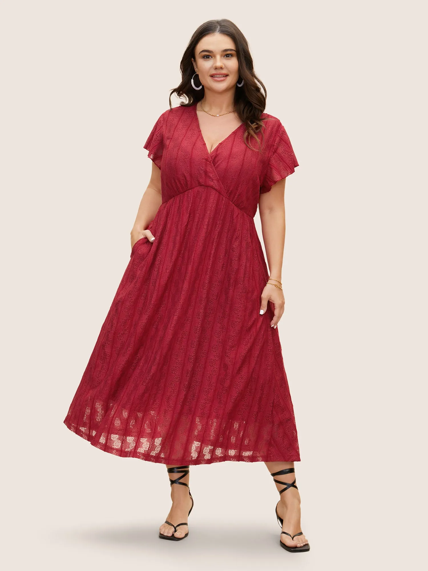 Lace Panel Wrap Ruffle Cap Sleeve Dress sold by Bloomchic