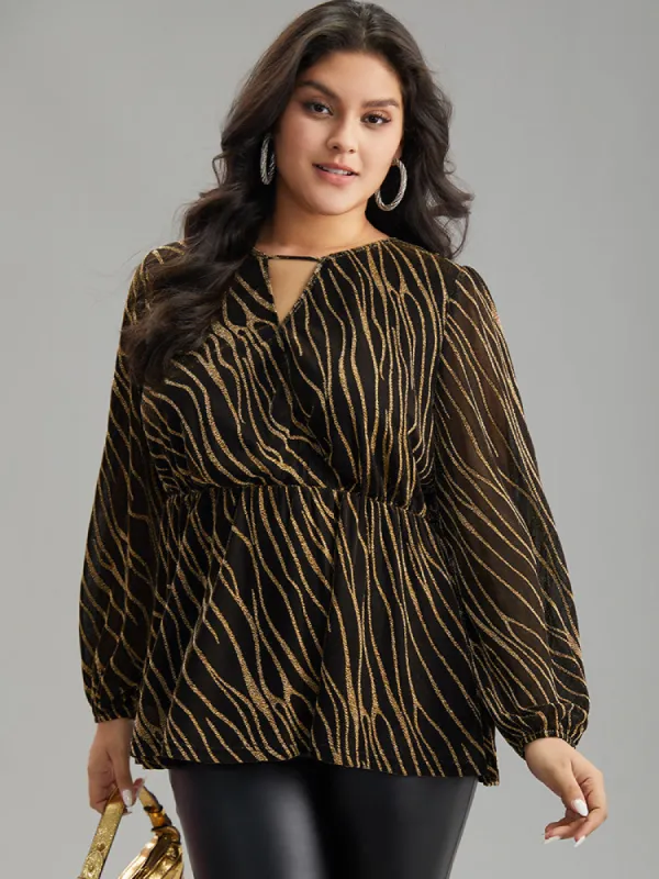 Glitter Striped Mesh Keyhole Lantern Sleeve Blouse sold by Bloomchic