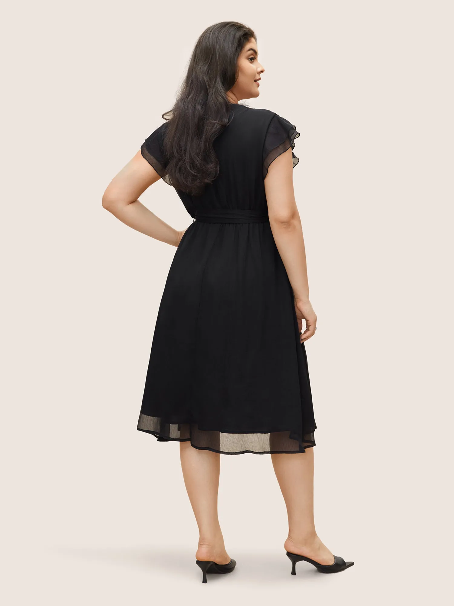 Solid Mesh Belted Ruffle Cap Sleeve Dress sold by Bloomchic product image thumbnail 3