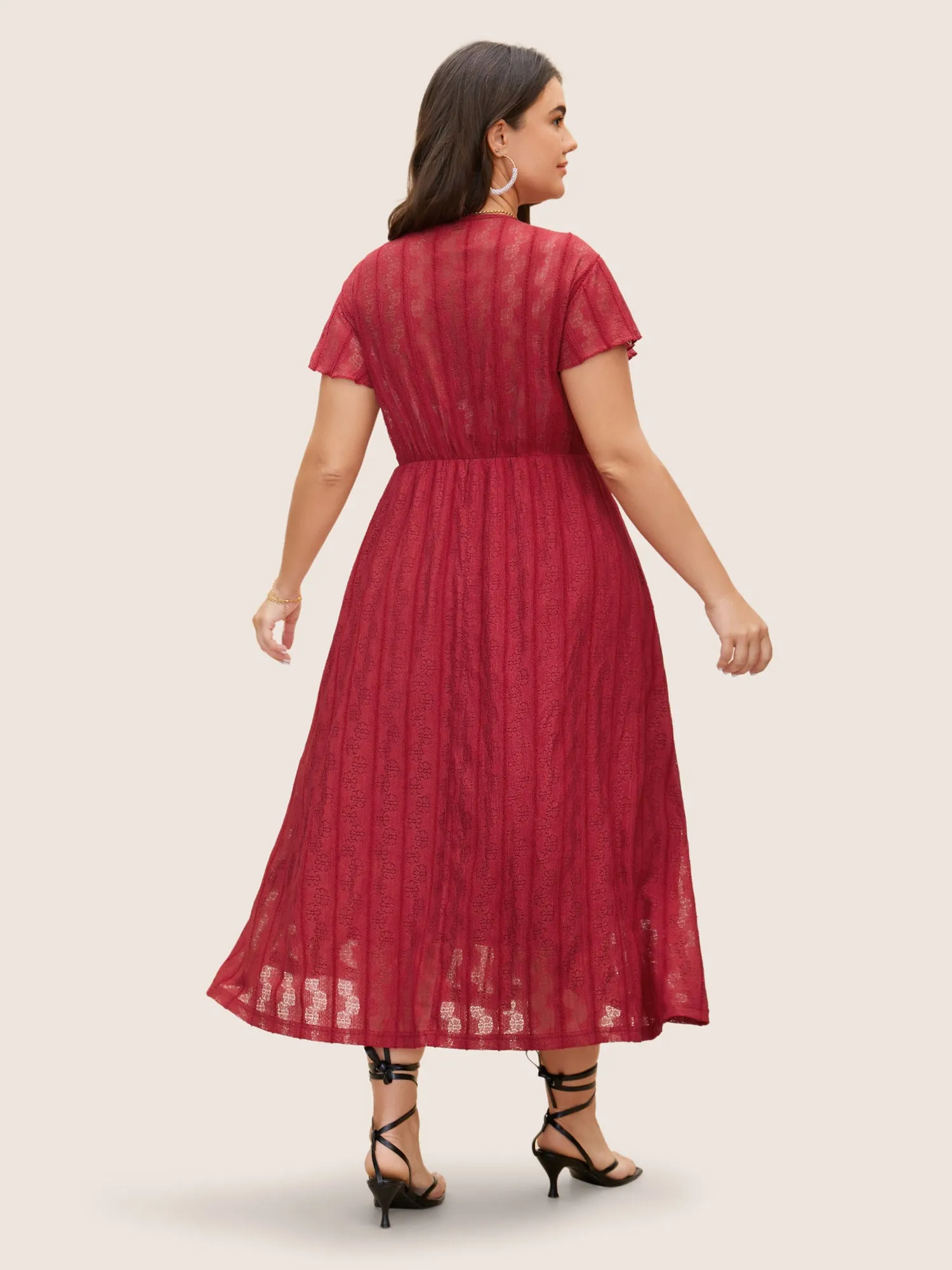 Lace Panel Wrap Ruffle Cap Sleeve Dress sold by Bloomchic product image thumbnail 4